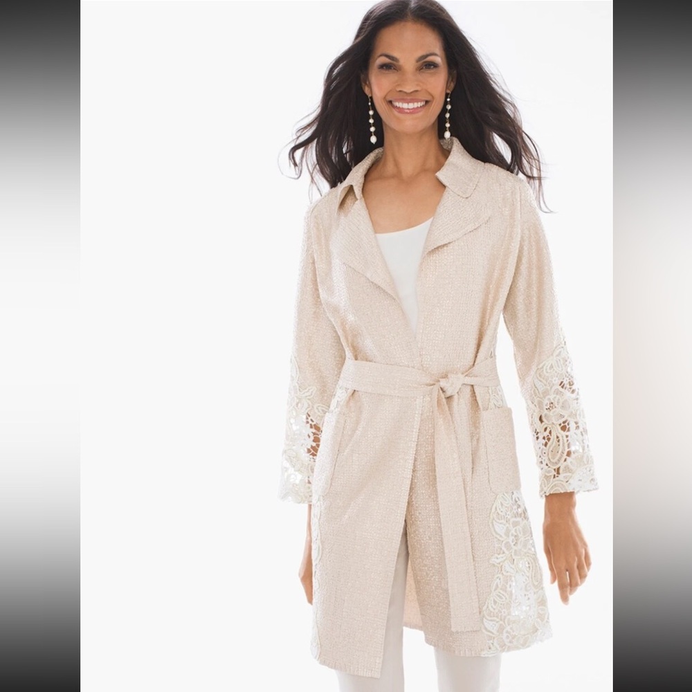 Chicos Crochet Lace Long Sleeve Blazer Jacket Metallic Beige Size 1= M/8